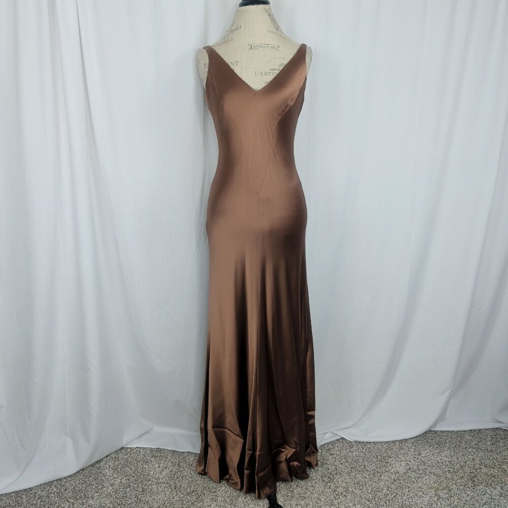 Vintage 90s Carmen Marc Valvo Bronze Formal Gown 4 Small V-Neck - Picture 10 of 10
